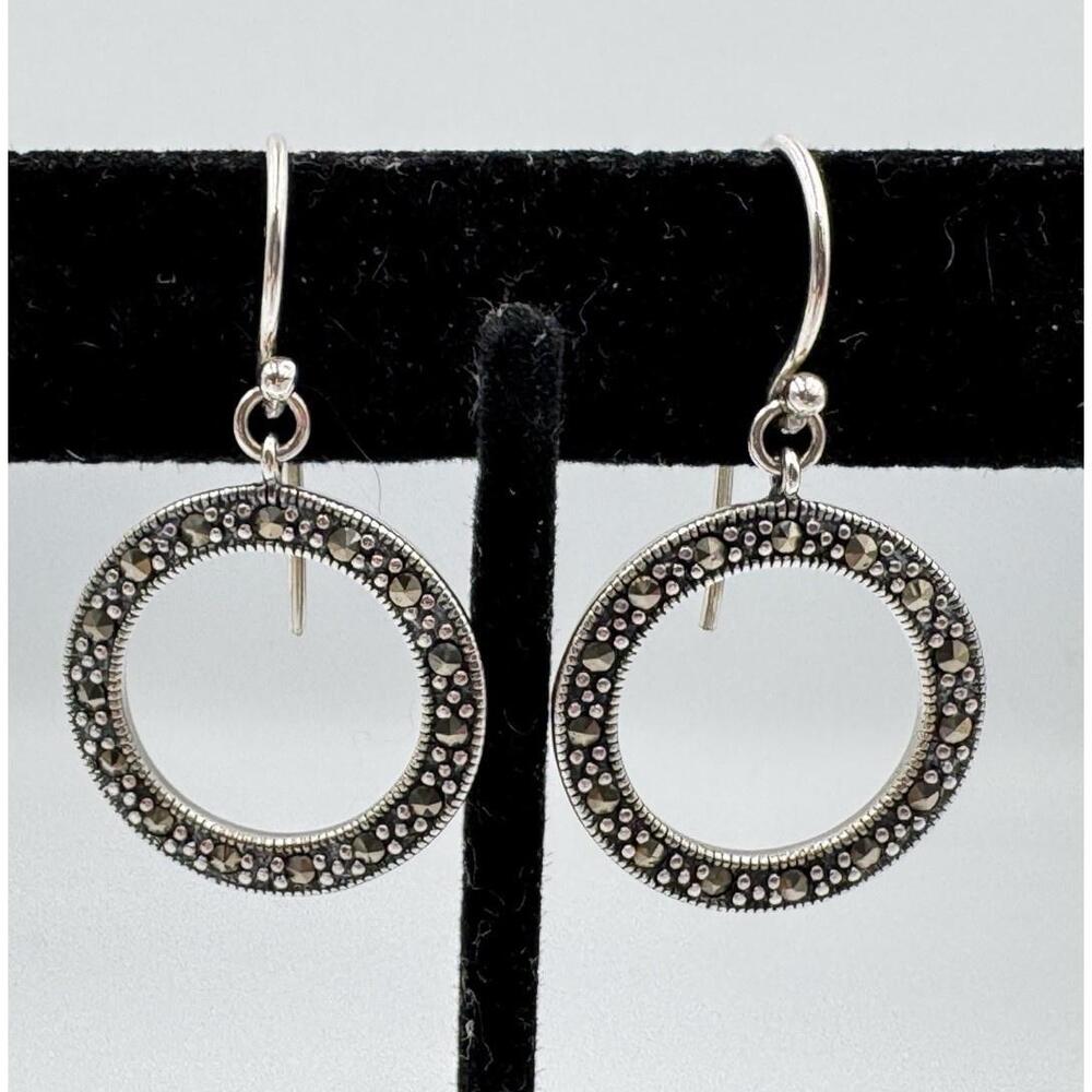 Sterling Silver 925 Marcasite Round Circle Dangle Hoop‎ Drop Hook Earrings